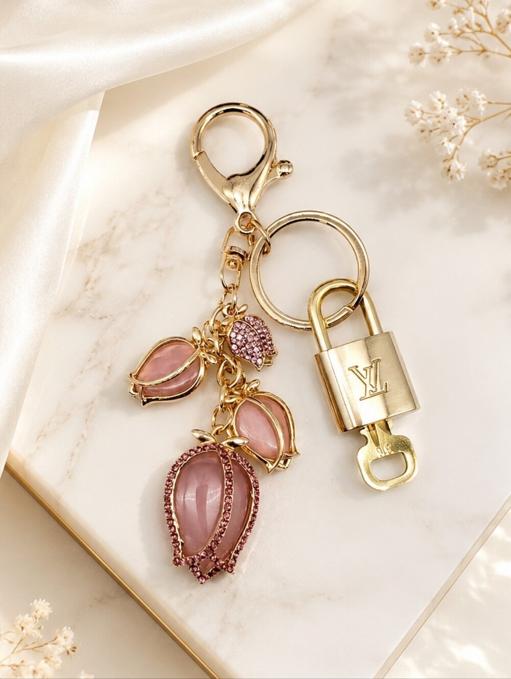 LV Gold Padlock 🔑 Authentic Louis Vuitton Charm + Unbranded Pink Tulip Keychain